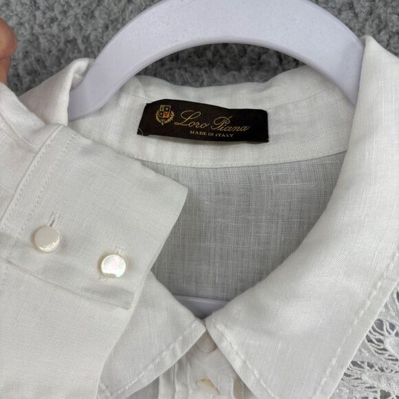 Loro Piana White Embroidered Linen Button-Up Shirt Size Large Made in Italy - Picture 9 of 10